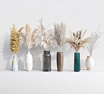 Various Materials And Colored Vases With Dried Flowers On Light Countertop Against White Wall 3d model