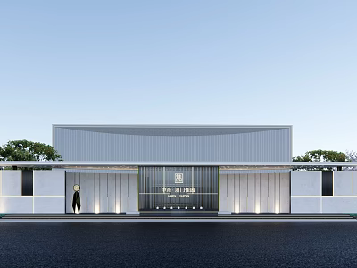 Modern Sales Office Building Exterior Design With Glass Door Entrance And Surrounding Trees 3d model