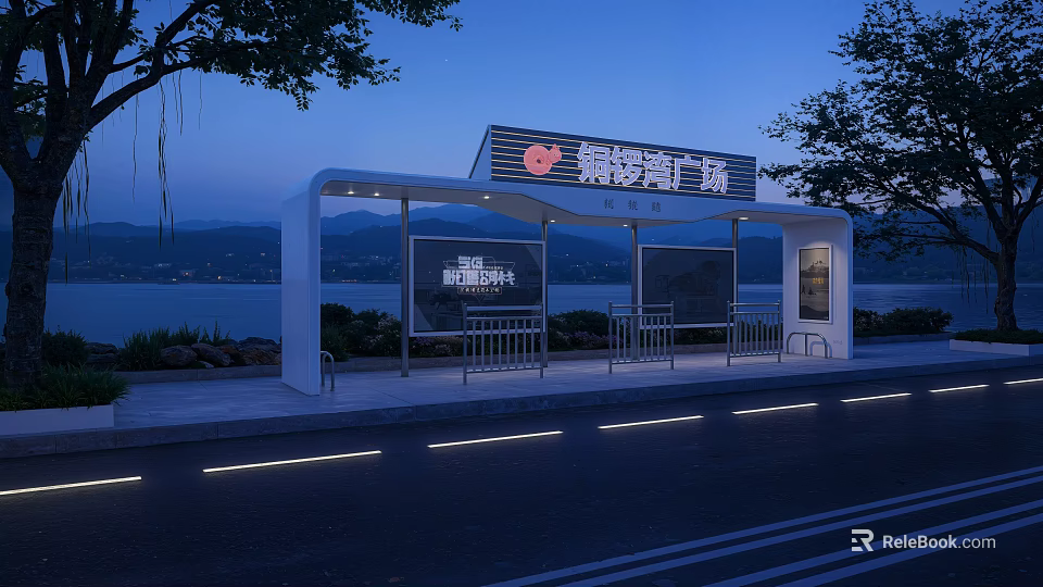 Modern Bus Station Shelter With Digital Screens Lake And Mountain Views At Dusk 3d model 