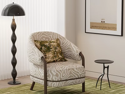 Beige Single Sofa With Wave Pattern Green Cushion Black Floor Lamp Side Table And Green Rug 3d model