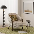Beige Single Sofa With Wave Pattern Green Cushion Black Floor Lamp Side Table And Green Rug