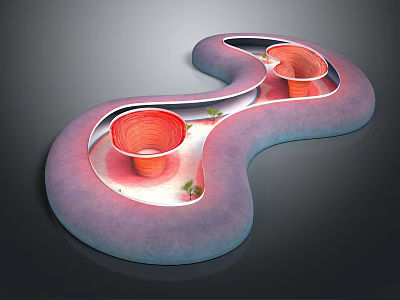 Cartoon Scene with Curved Pink Purple Path and Orange Spiral Structures Surrounded by Green Plants 3d model