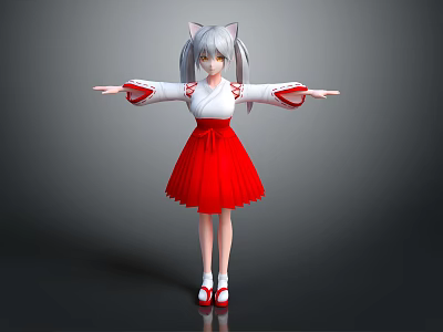 Anime Character With Cat Ears Silver Hair White Top Red Skirt Red Shoes Arms Outstretched 3d model