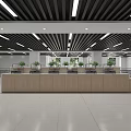 Cafeteria Food Service Counter With Service Windows Wooden Countertop Green Plants And Dining Tables