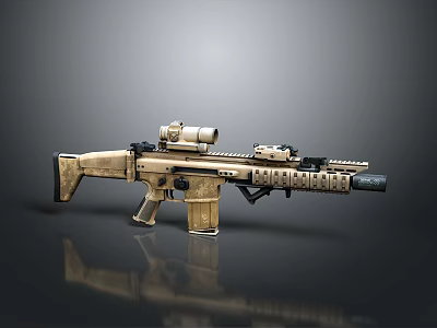 Tactical Tan Assault Rifle with Scope and Rail System Design Features 3d model