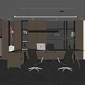 Modern Office Interior With Large Desk Ergonomic Chairs Computer Wooden Shelves Potted Plant And Blinds