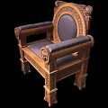 Antique Wooden Armchair With Lion Head Armrests And Carved Leather Backrest