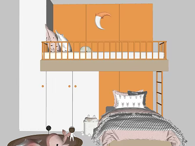Orange and Pink Bunk Bed with Moon Decor Star Pillow Ladder and Stuffed Animal Toy 3d model