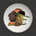 Grilled Steak with Asparagus Carrots Beet and Shredded Vegetable Salad on White Plate