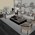 Elegant Sofa Coffee Table Combination With Multiple Throw Pillows Area Rug And Decorative Wall Art 3d model