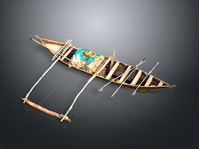 Traditional Handcrafted Wooden Boat With Decorative Elements And Wooden Oars 3d model