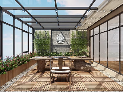Villa Balcony Design With Glass Roof Wooden Flooring And Greenery 3d model