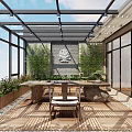Villa Balcony Design With Glass Roof Wooden Flooring And Greenery