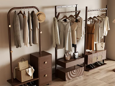 Modern Wooden And Metal Clothes Racks With Hanging Garments Storage Baskets And Shoes 3d model