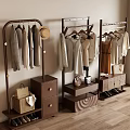 Modern Wooden And Metal Clothes Racks With Hanging Garments Storage Baskets And Shoes