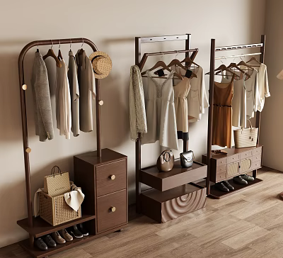 Modern Wooden And Metal Clothes Racks With Hanging Garments Storage Baskets And Shoes 3d model