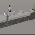 Modern Reception Desk with Receptionist Computer Monitors Potted Plant Marble Texture Wooden Accents and Lighting
