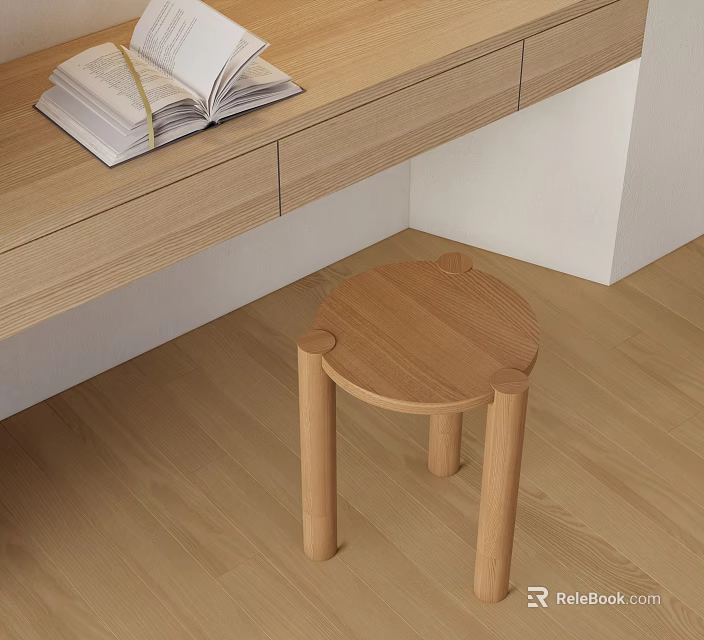 Simple Style Wooden Stool Near Desk With Open Book On Wooden Floor 3d model 