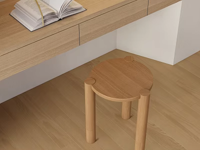 Simple Style Wooden Stool Near Desk With Open Book On Wooden Floor 3d model