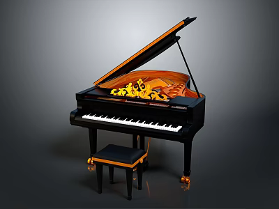 Elegant Musical Instruments and Art Supplies with Black Grand Piano and Colorful Art Brushes 3d model