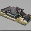 Traditional Style Building Model With Turquoise Exterior Dark Tile Roofs And Wooden Verandas