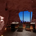 Cave Style Restaurant Interior With Rock Walls Ceiling Windows And Tables Chairs 3d model
