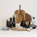 Essential Kitchen Utensils With Wooden Cutting Boards Pepper Mills Mortar Bread And Spice Bottles