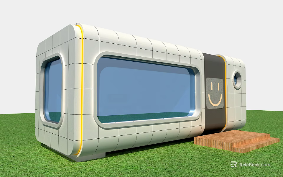 Modern Boutique Guesthouse Building With White Exterior Yellow Accents Large Windows Smile Design And Grass Lawn 3d model 