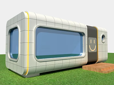 Modern Boutique Guesthouse Building With White Exterior Yellow Accents Large Windows Smile Design And Grass Lawn 3d model