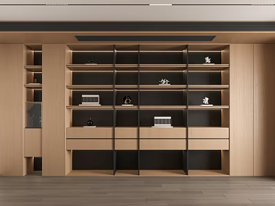 Modern Wooden Bookcase Interior Design With Multiple Open Shelves And Drawers 3d model