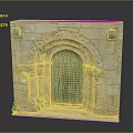 Medieval Stone Entrance Gate With Green Wooden Door And Arched Carved Details