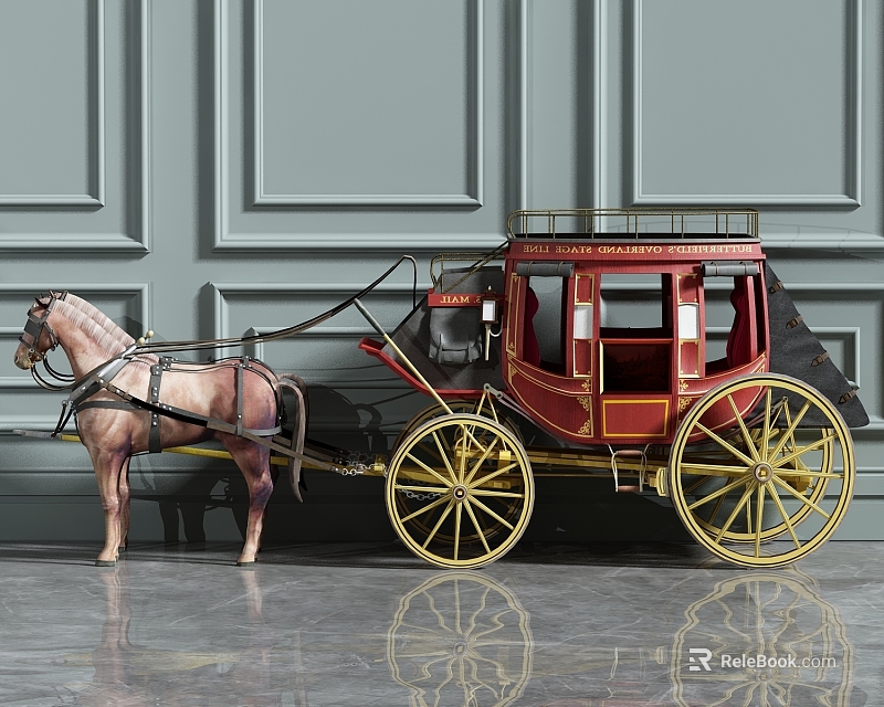 Elegant Red Gold Horse Drawn Carriage On Marble Floor With Gray Walls 3d model 