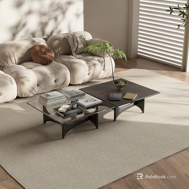 Modern Glass Top Coffee Table With Black Metal Legs Books And Plant In Living Room 3d model 