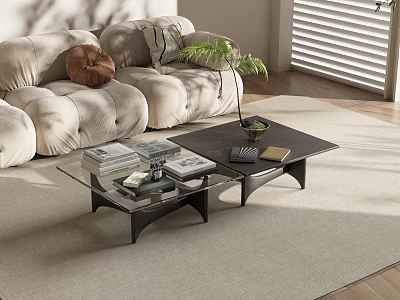 Modern Glass Top Coffee Table With Black Metal Legs Books And Plant In Living Room 3d model