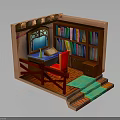 Cozy Reading Nook Interior With Wooden Desk Red Chair Colorful Bookshelves And Green Steps