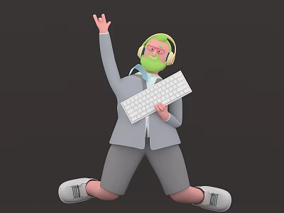 Game Movie Character With Green Beard Headphones Gray Suit Shorts Holding White Keyboard Raised Hand 3d model
