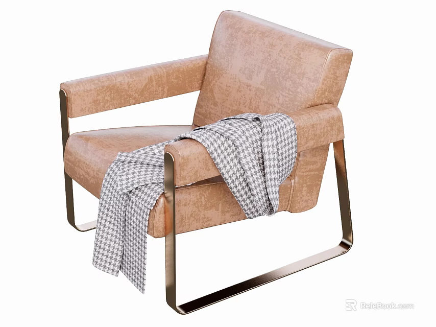 Beige Fabric Single Sofa With Metal Frame And Checkered Blanket For Living Room 3d model 