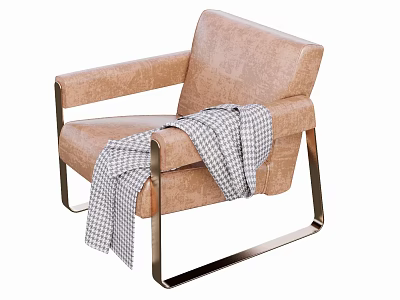 Beige Fabric Single Sofa With Metal Frame And Checkered Blanket For Living Room 3d model