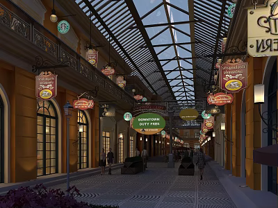 Commercial Street With Glass Roof Yellow Buildings Hanging Signs And People Walking 3d model