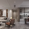 Modern Minimalist Open Living And Dining Room With Sleek Marble Floor And Elegant Furnishings