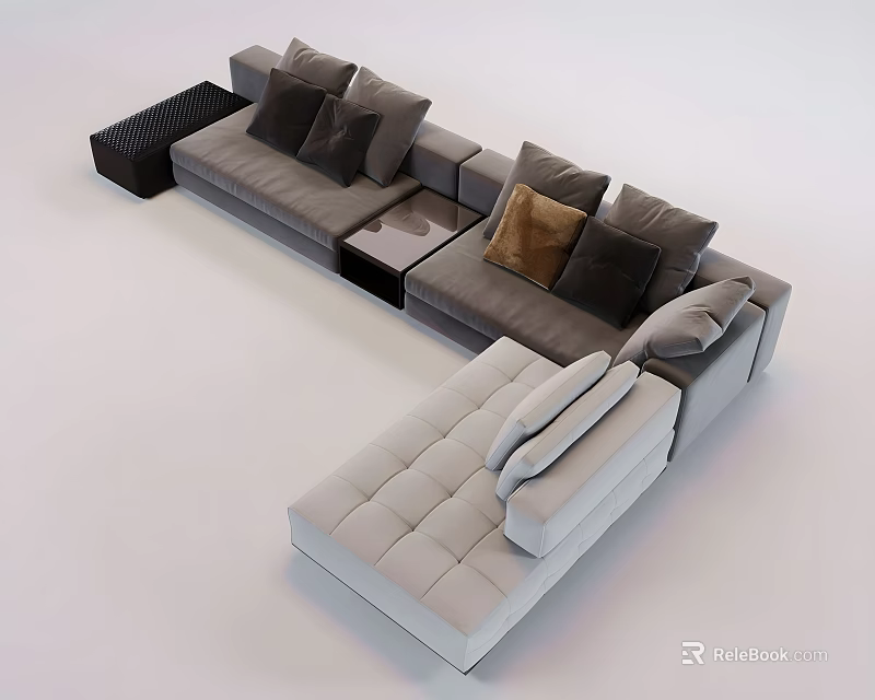 Modern Gray L Shaped Sofa With Cushions And Black Coffee Table Set 3d model