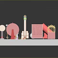 Vibrant Circus Scene With Green Plant Decorations And Colorful Tents Props