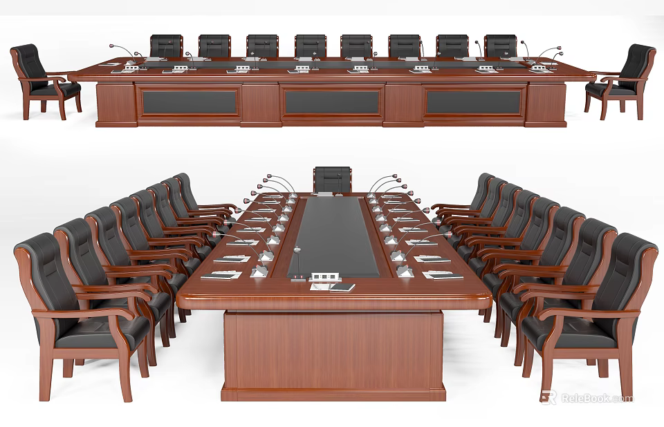 Classic Wooden Conference Table With Leather Chairs And Microphone Setup 3d model
