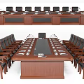 Classic Wooden Conference Table With Leather Chairs And Microphone Setup 3d model
