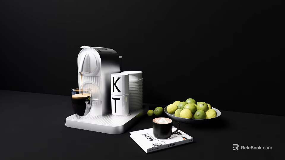 Modern Coffee Machine With Espresso Cup Bowl Of Fresh Limes And Book On Black Table 3d model 