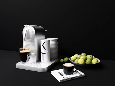 Modern Coffee Machine With Espresso Cup Bowl Of Fresh Limes And Book On Black Table 3d model