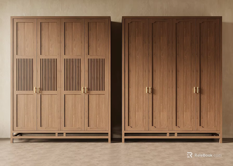 Light Brown Wooden Wardrobes With Vertical Stripe Design And Golden Handles On Light Floor 3d model 