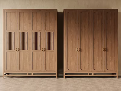 Light Brown Wooden Wardrobes With Vertical Stripe Design And Golden Handles On Light Floor 3d model