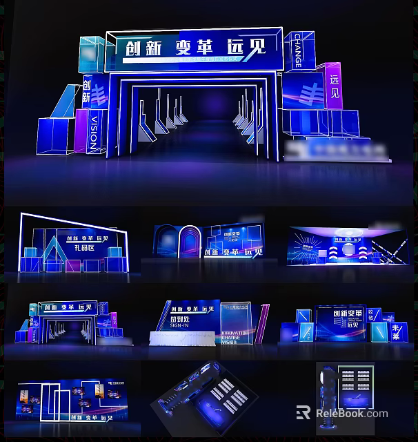 Hi Tech Modern Exhibition Stage Design With Blue Lighting And Digital Displays 3d model 