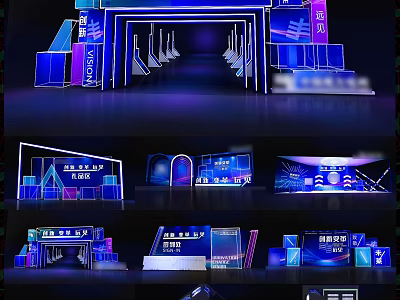 Hi Tech Modern Exhibition Stage Design With Blue Lighting And Digital Displays 3d model
